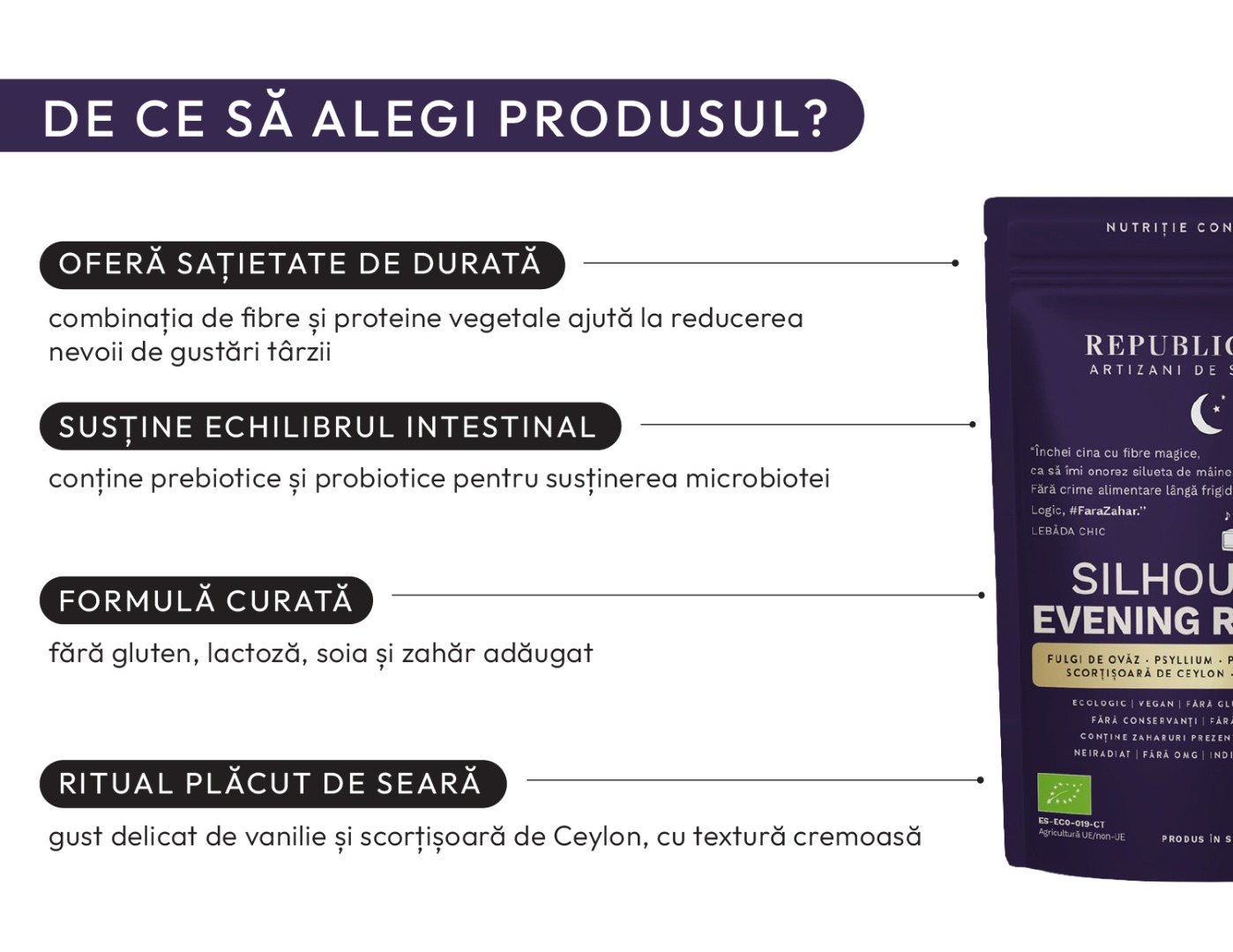 Silhouette Evening Restore: pudră funcțională ecologică, ritual nutritiv pentru seară, sursă de fibre, prebiotice și probiotice, confort digestiv pe timpul nopții, aromă naturală de vanilie